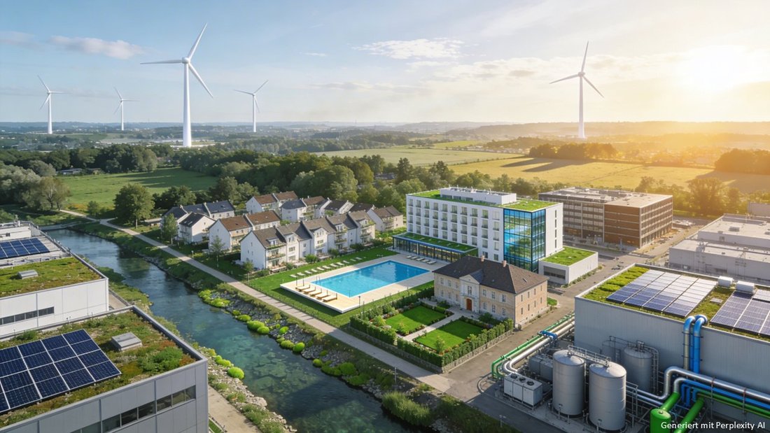 A location with a hotel, a swimming pool and a river – Ki-generated and symbolic of the use of renewable energy in the hotel